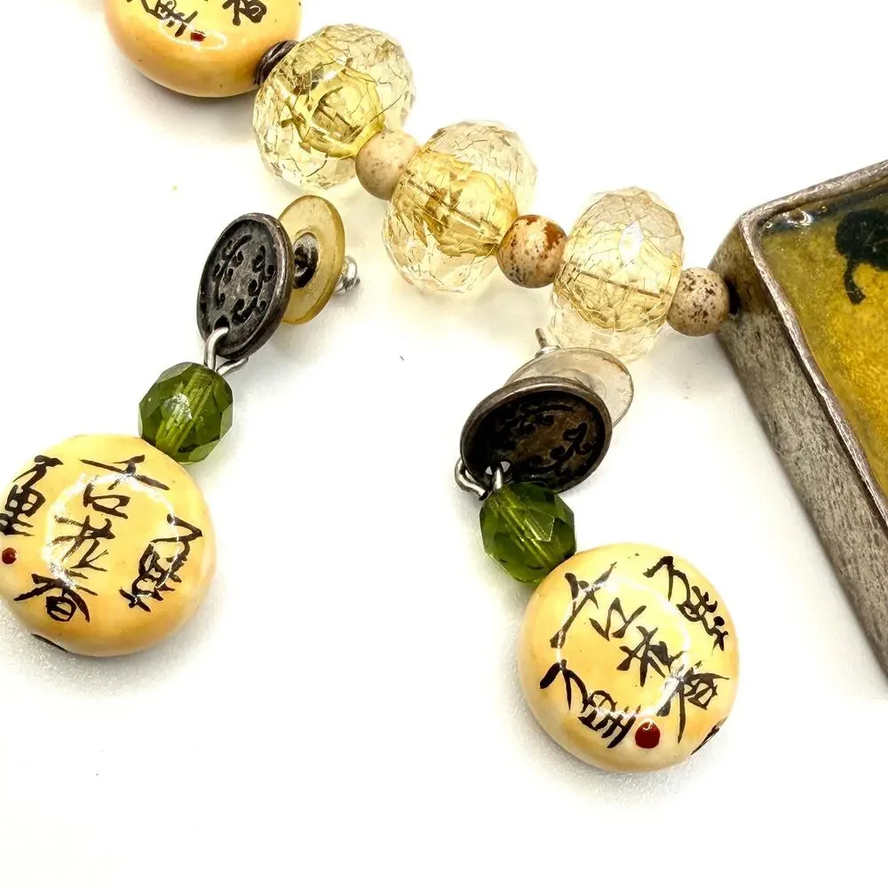 Vintage 90s Chico's Yellow Amber Chinoiserie Geisha Necklace Earring Set - Picture 6 of 10